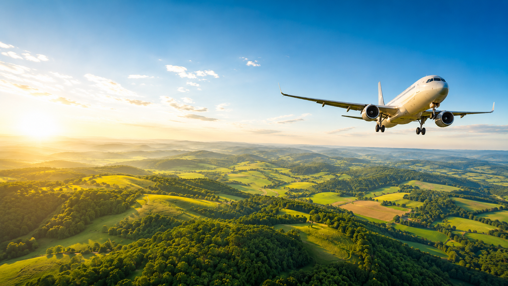 Airliner climbing over green countryside at sunrise.