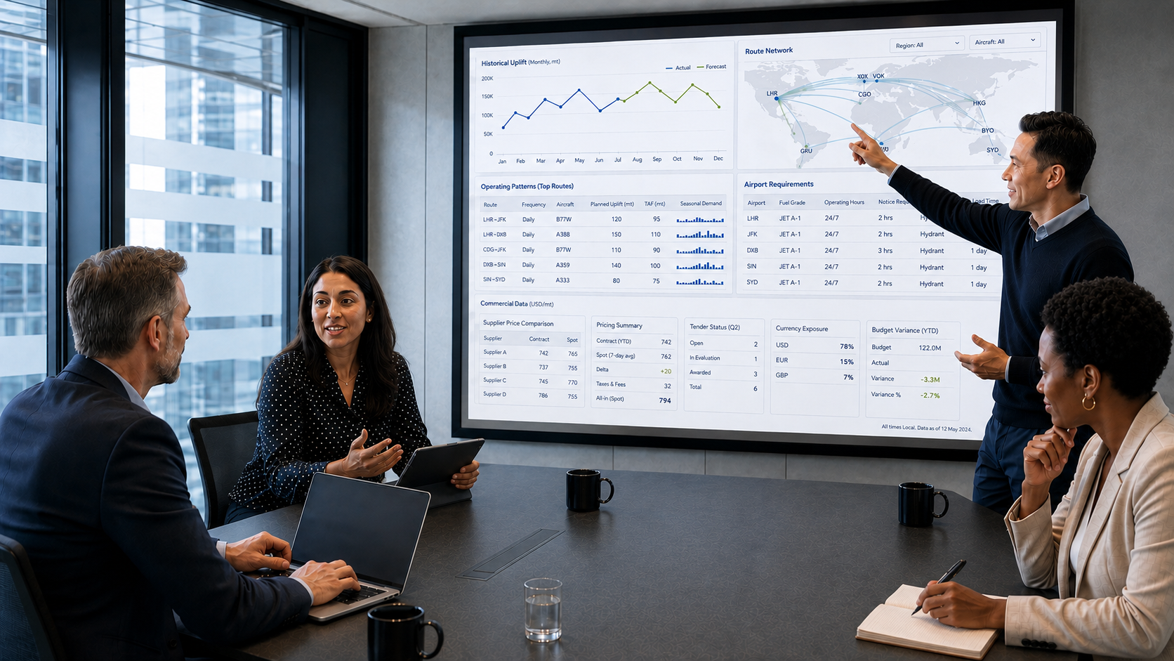 Fuel team reviewing uplift history, route network and commercial data on a boardroom dashboard.