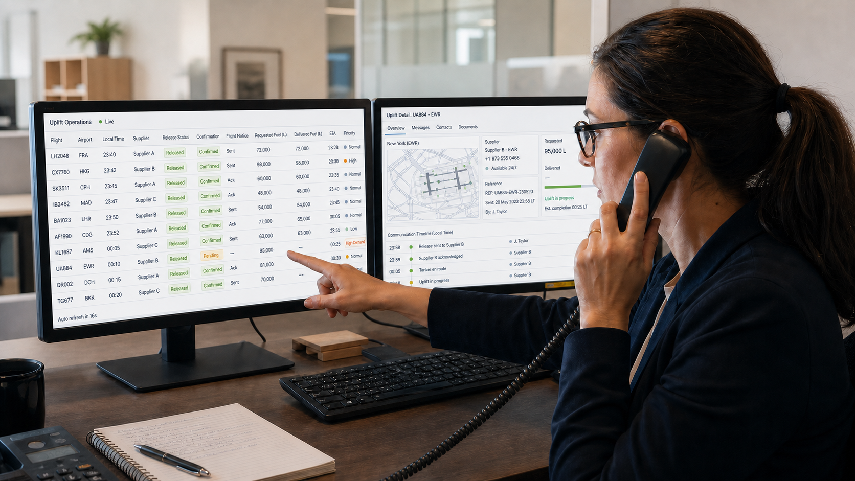 Fuel dispatcher coordinating uplift releases and confirmations across two screens.
