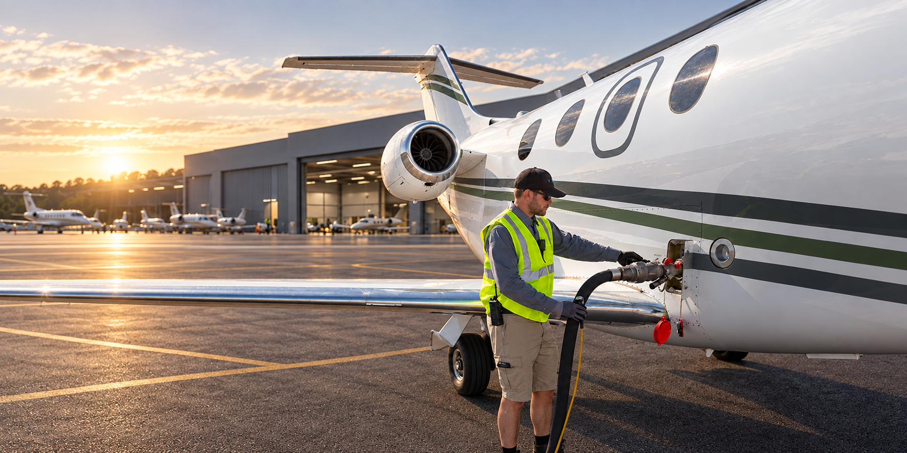 Aviation fuel professional refueling a business jet on an airport ramp at sunset
