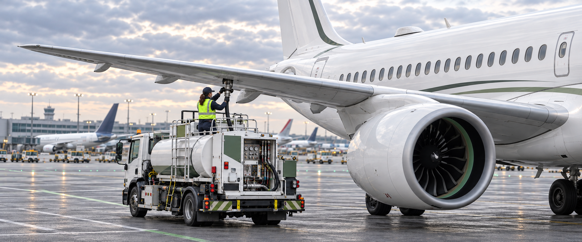 Commercial aircraft being refueled by an airport fuel truck on the ramp