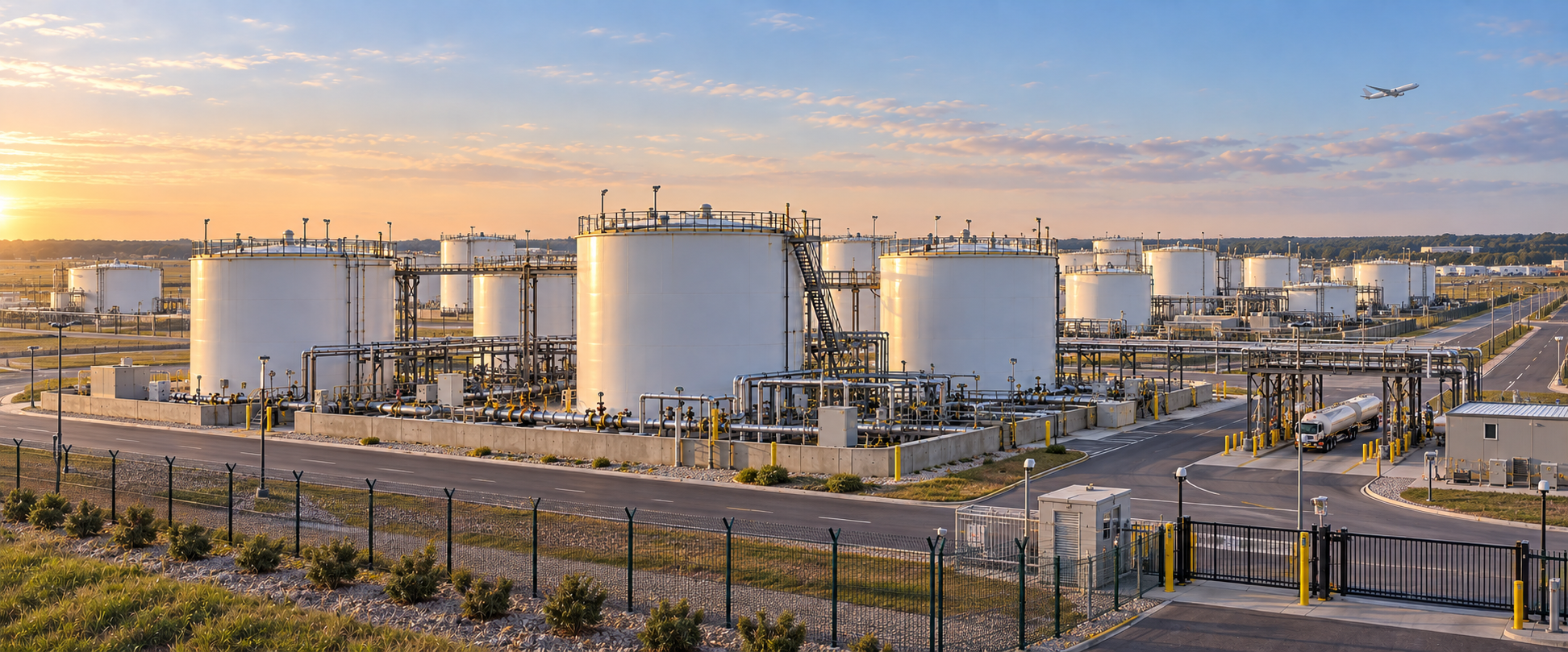 Aviation fuel storage terminal with bulk tanks, pipelines, loading infrastructure, and an aircraft overhead