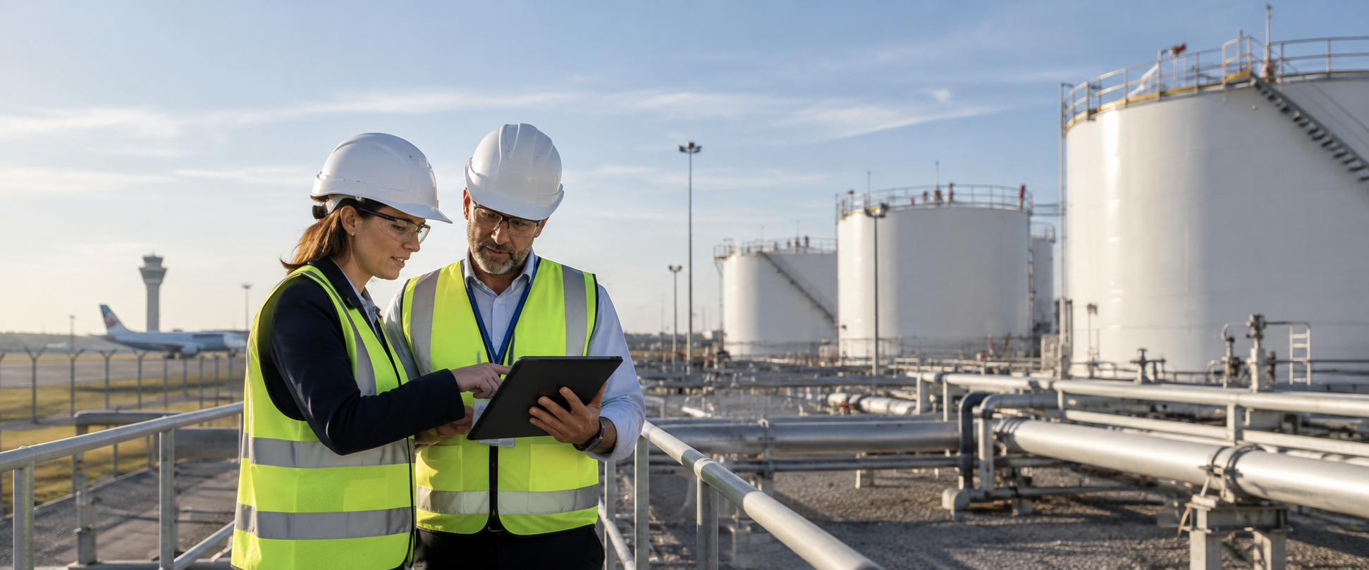 Aviation fuel consultants reviewing operations at an airport fuel storage facility