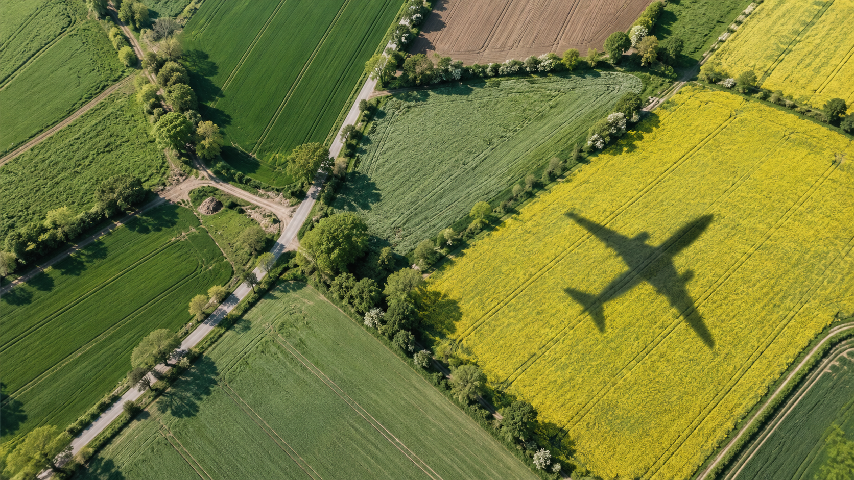 Aircraft shadow crossing renewable crop fields, illustrating sustainable aviation fuel strategy