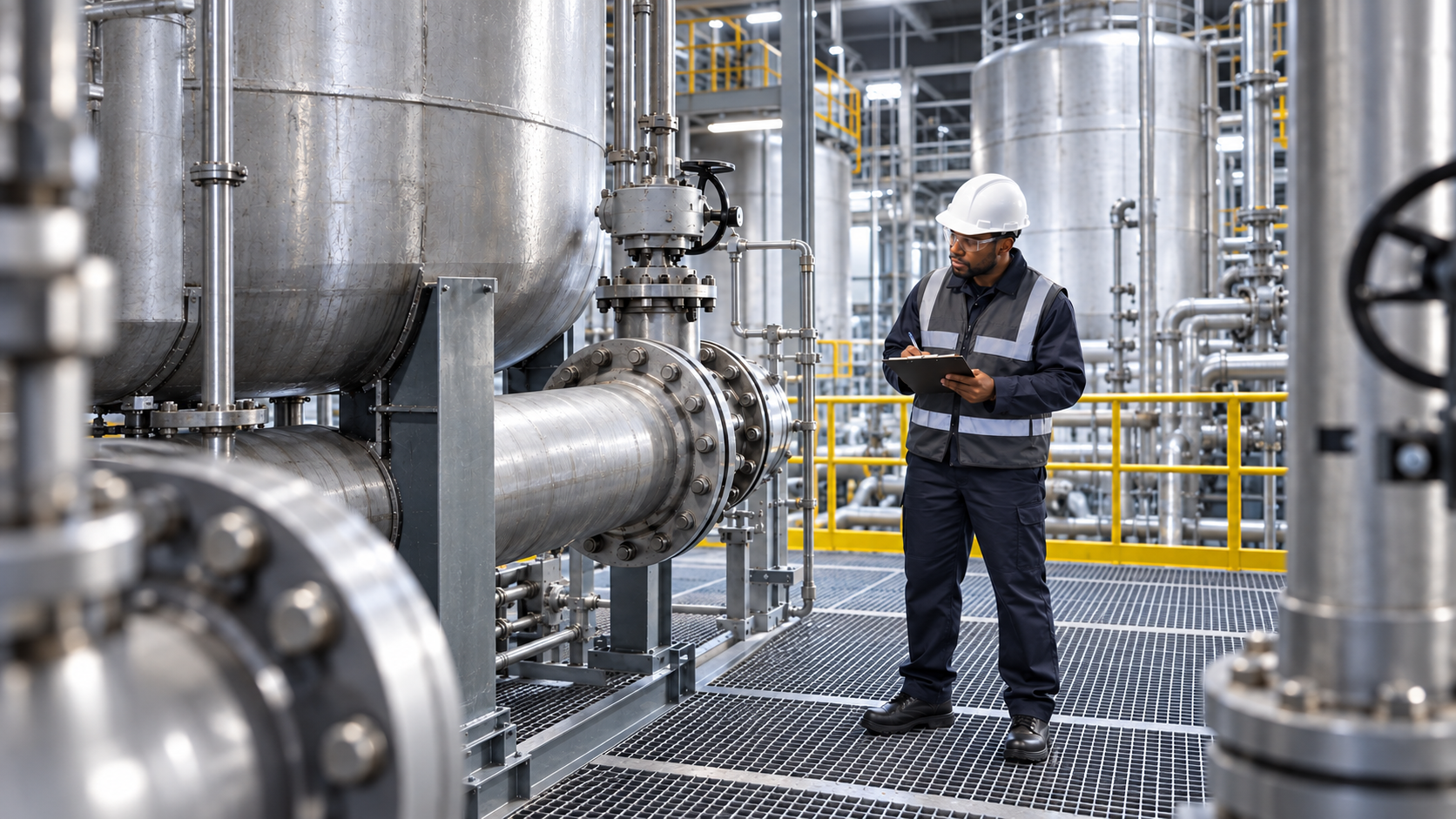 Fuel supply-chain specialist inspecting pipes and storage tanks at an aviation fuel facility