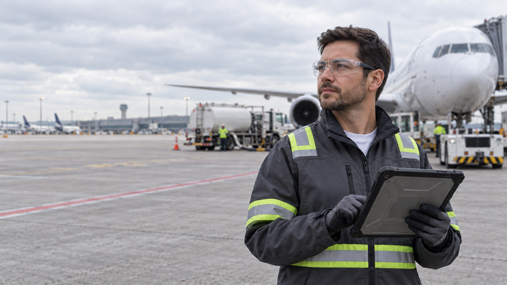 Aviation fuel operations specialist using a rugged tablet on an airport apron beside an aircraft and fuel truck