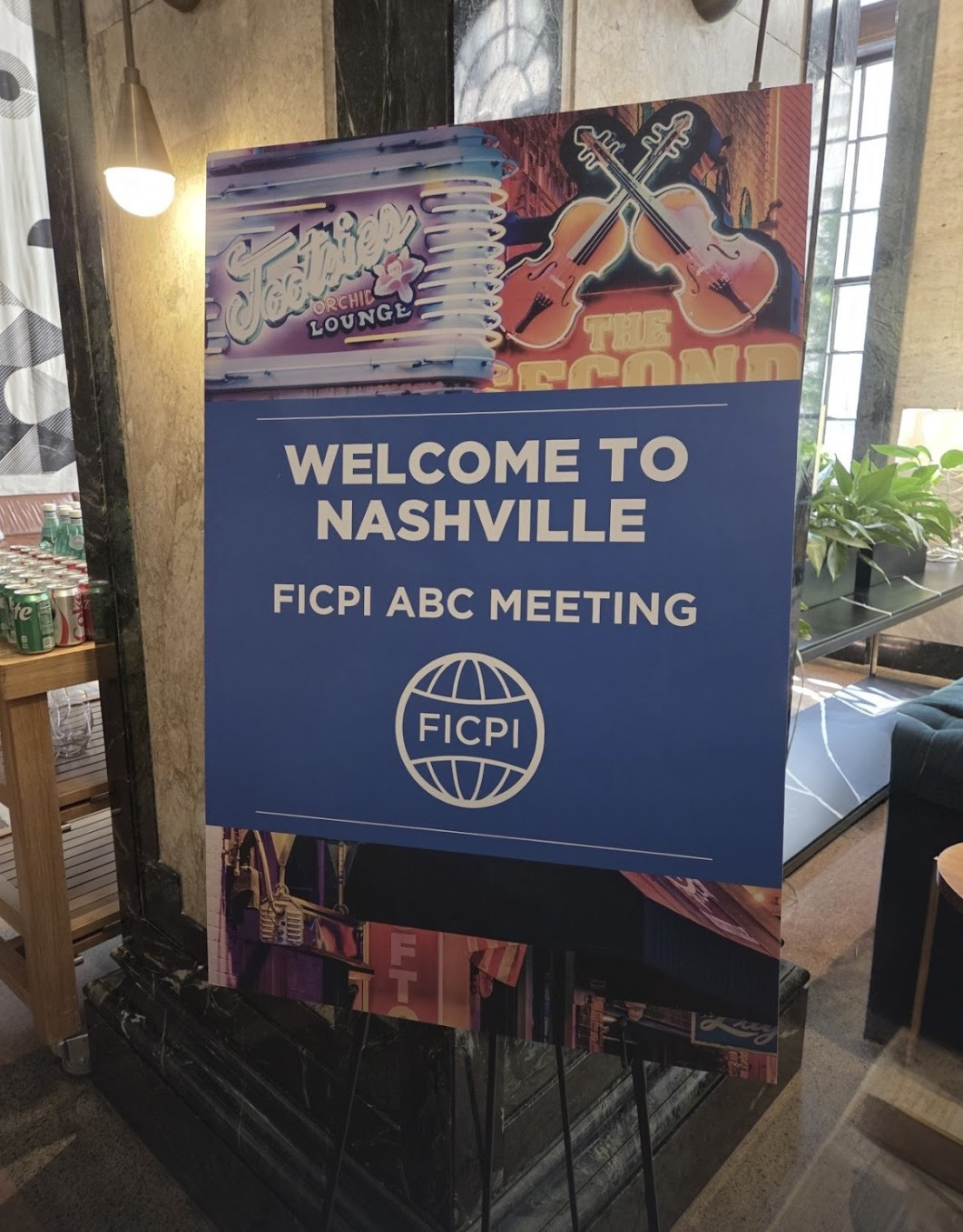 “Welcome to Nashville” signage for the FICPI ABC Meeting, styled with neon Nashville music-venue signage
