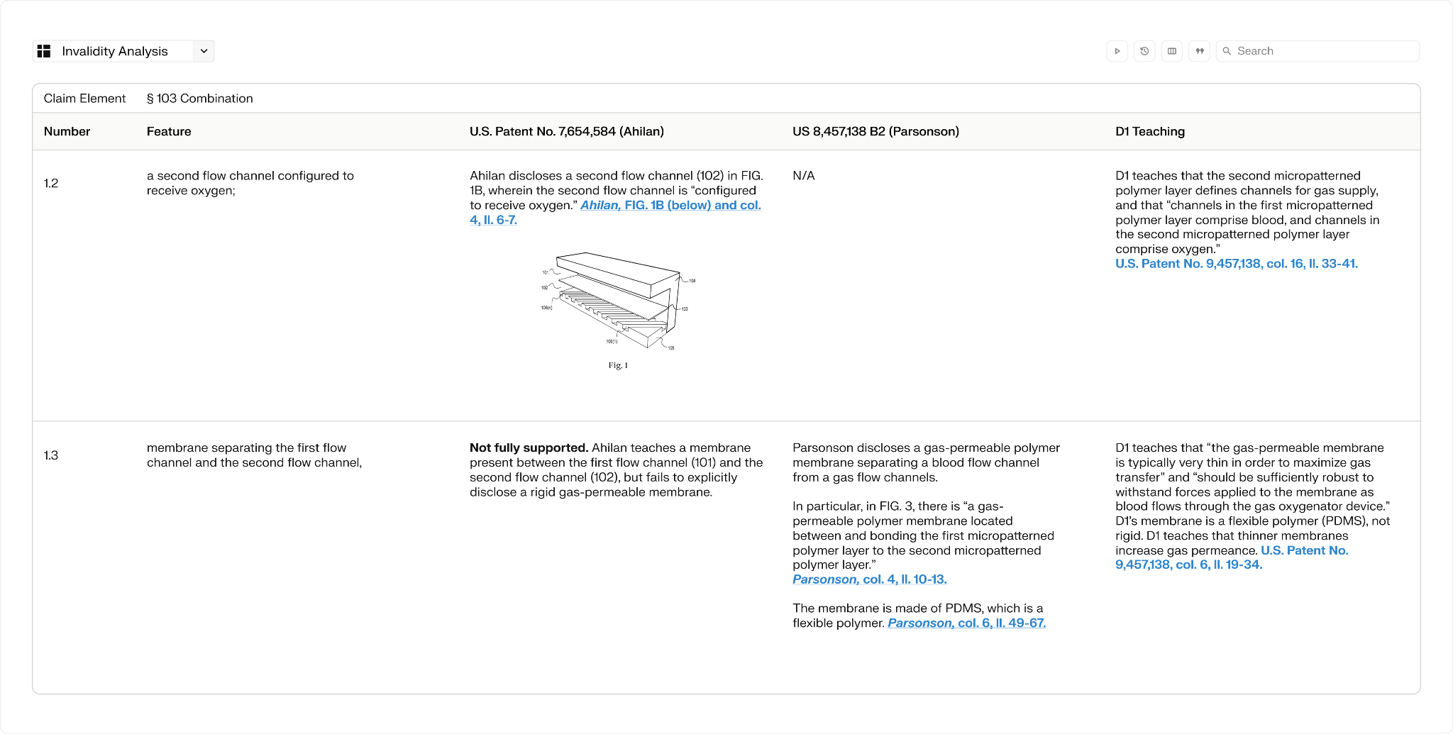 Dialog for uploading source files to an invalidity chart, organized into folders for the patent under challenge, prior art references, and prosecution history