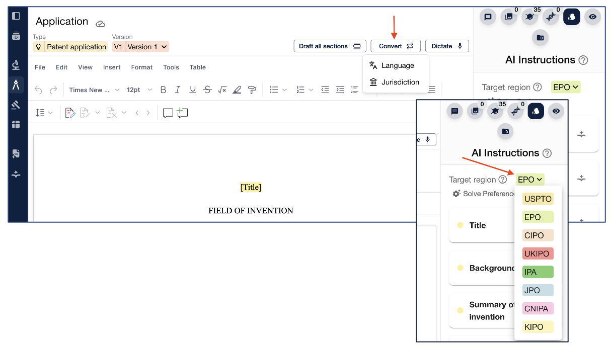 Solve Intelligence patent application editor showing a blank application template, with an AI instructions panel for selecting the target patent office region