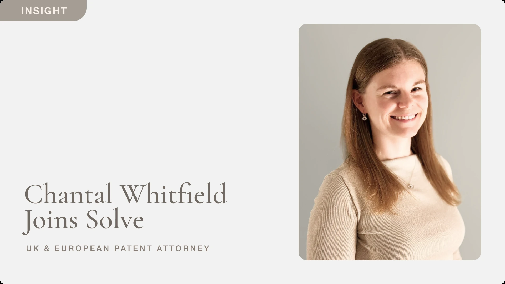 Photo of Chantal Whitfield under the heading "Chantal Whitfield Joins Solve, UK & European Patent Attorney"