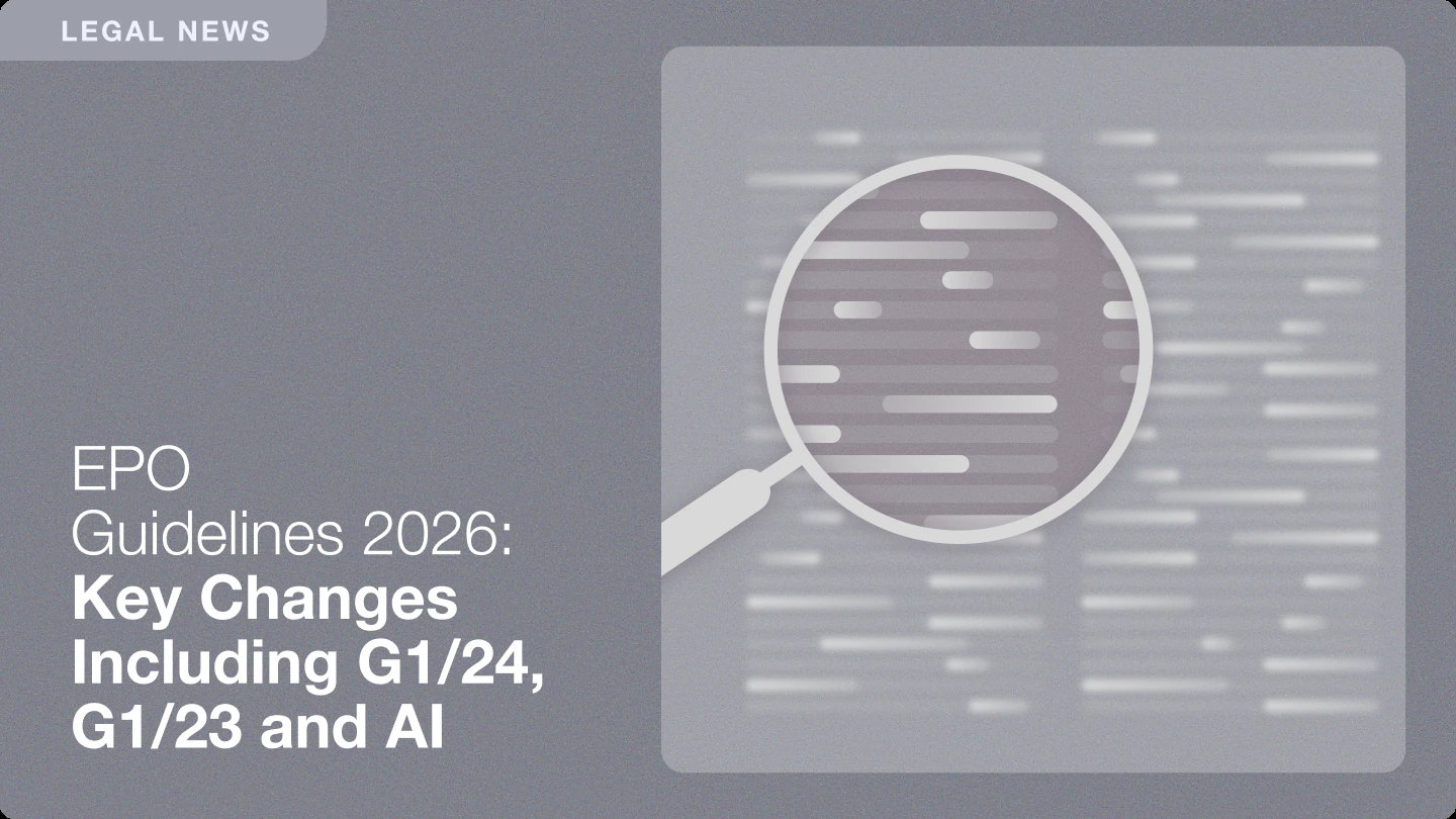 "Legal News" banner titled "EPO Guidelines 2026: Key Changes Including G1/24, G1/23 and AI," with a magnifying glass over a document illustration