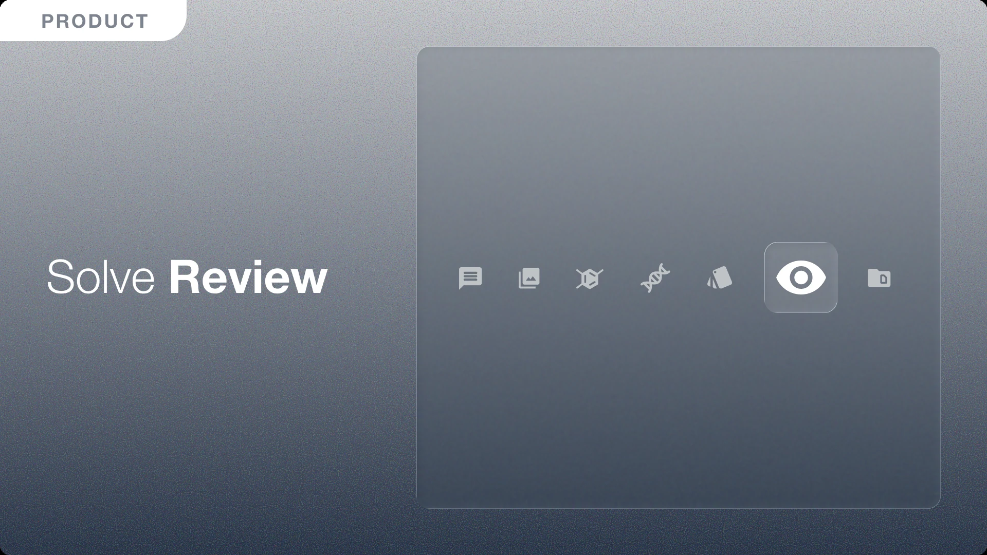 "Product" banner reading "Solve Review," with a row of feature icons including comments, images, and an eye/review icon