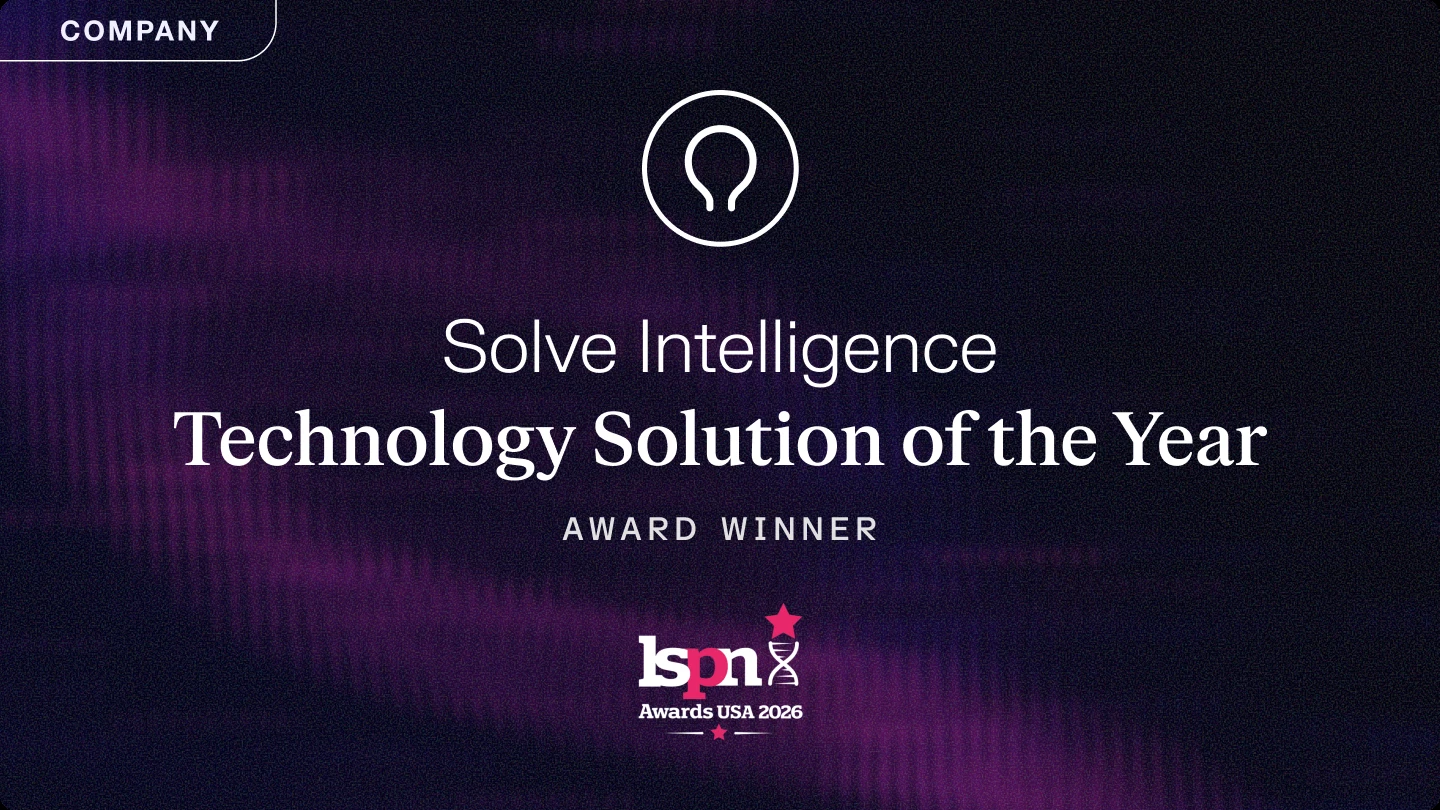 Solve Intelligence "Company" banner announcing "Technology Solution of the Year, Award Winner," with the LSPN Awards USA 2026 logo