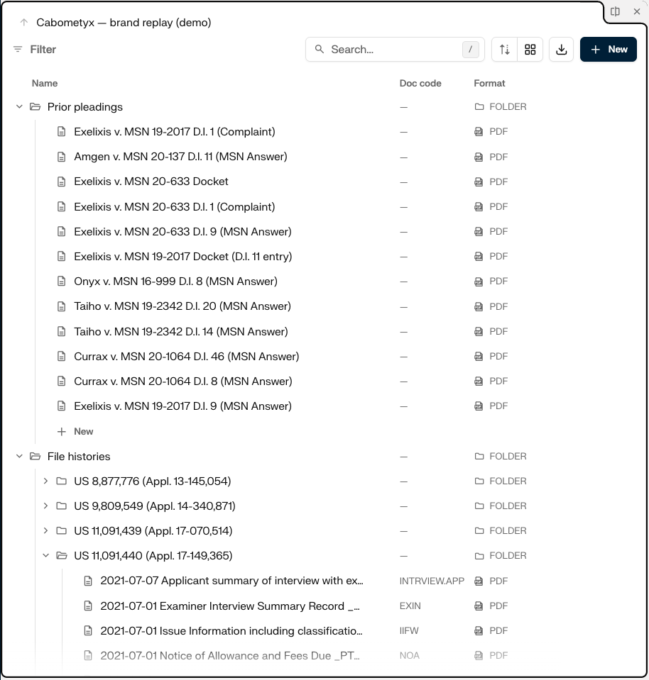 Cabometyx project showing prior pleadings and patent file histories organized into folders