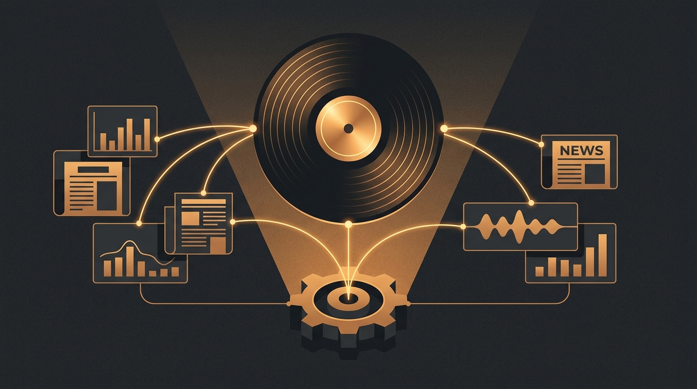 Stylised vinyl record with grooves connecting to a network of media screens