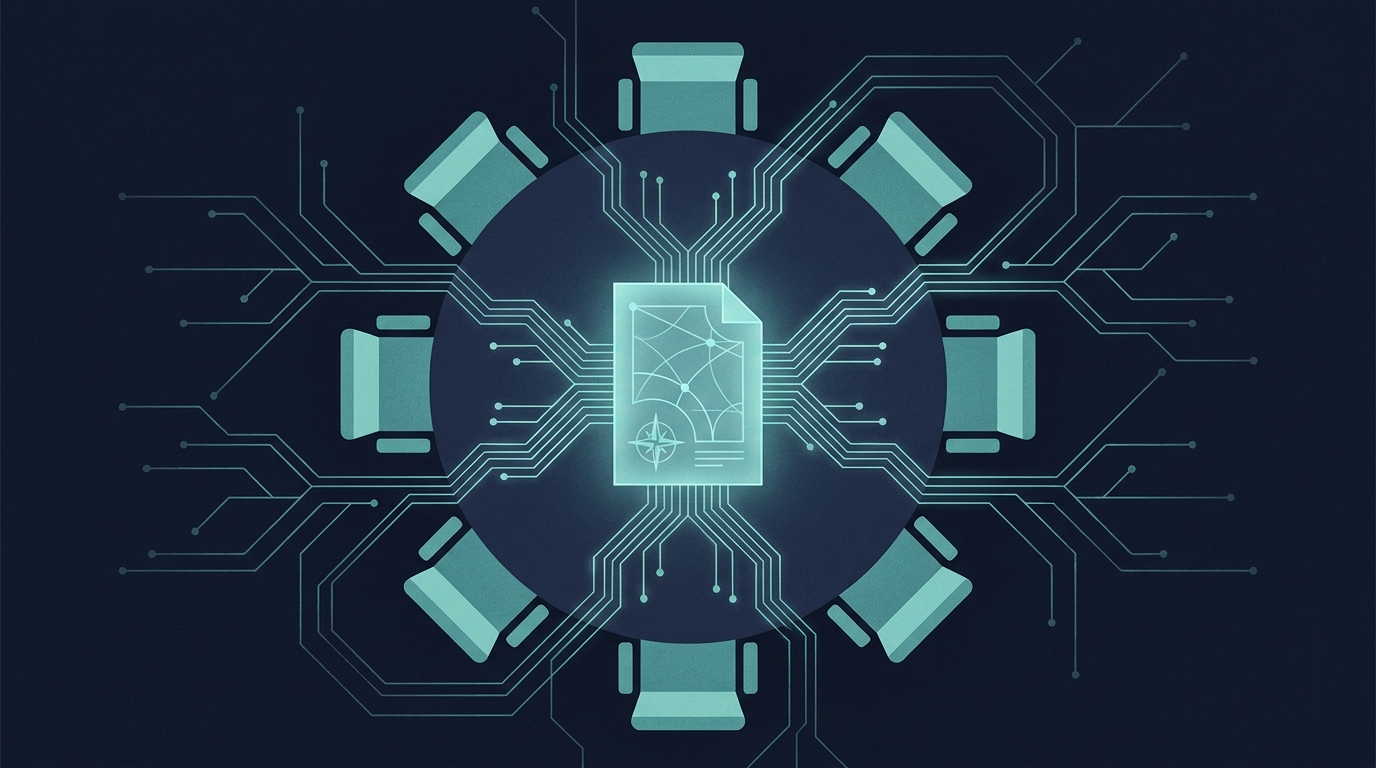 Abstract round conference table with a glowing framework diagram extending into circuit-like pathways