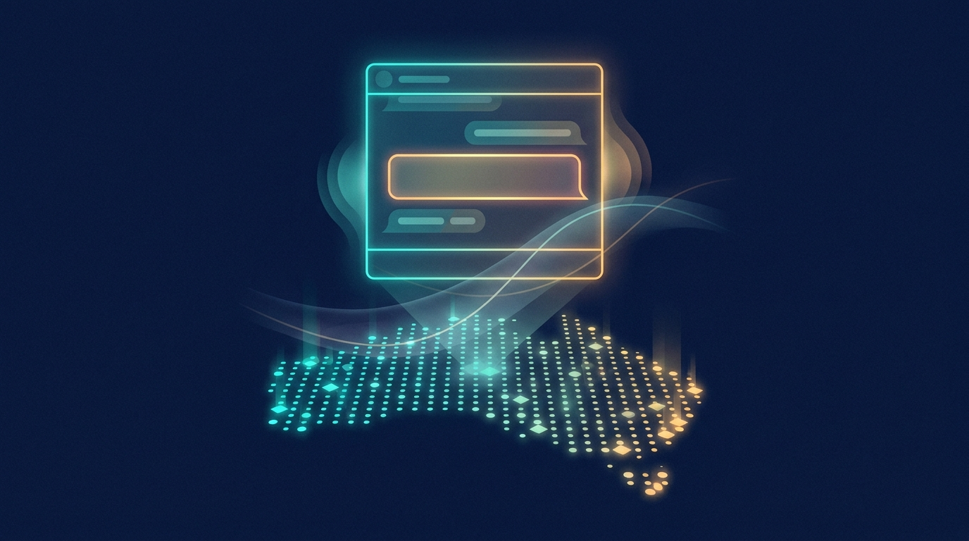Illustration of a glowing chat interface with a sponsored ad slot floating above a dotted map of Australia