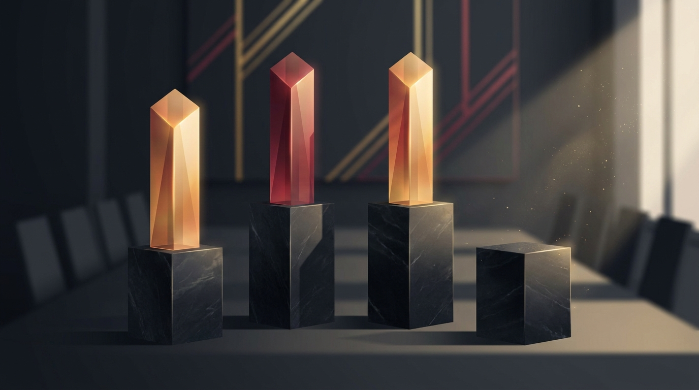 Illustration of four podiums with three glowing towers and one empty plinth, representing agency consolidation