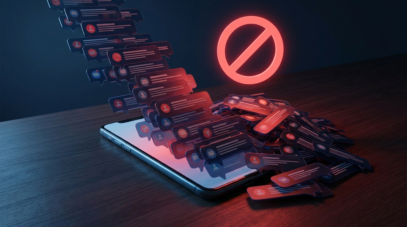 Illustration of a smartphone overflowing with notification bubbles beneath a red prohibition symbol