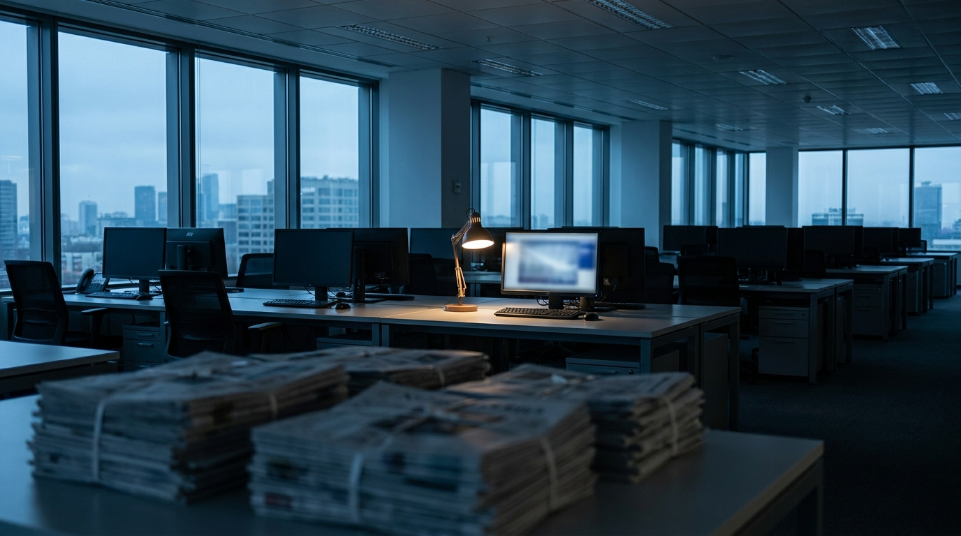 Illustration of an empty newsroom at dusk with switched-off monitors and one glowing desk lamp