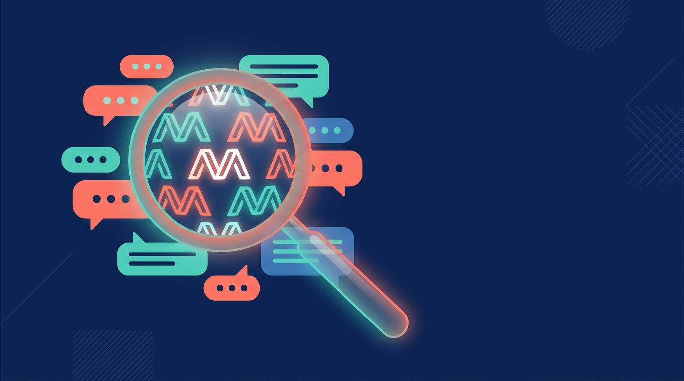 Illustration of a magnifying glass revealing a glowing brand mark inside abstract AI chat bubbles