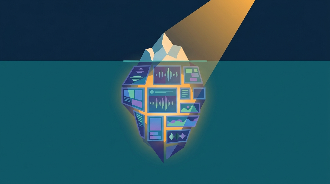 Illustration of an iceberg with a small lit tip above water and a large glowing mass of screens and soundwaves below the surface
