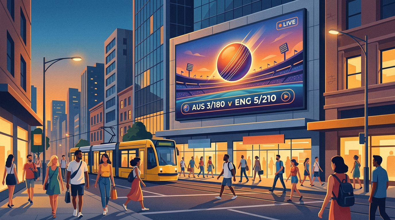 Illustration of a digital billboard showing a live cricket scoreboard on an Australian city street at dusk
