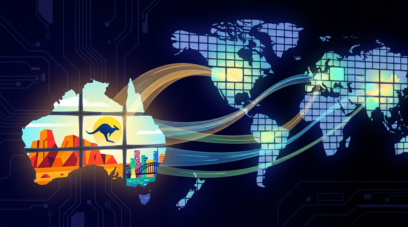 Illustration of television screens forming a world map with light streams connecting Australia to other continents