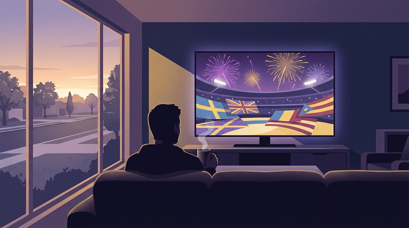 Illustration of an Australian living room at dawn with a TV showing a stylised stadium opening ceremony