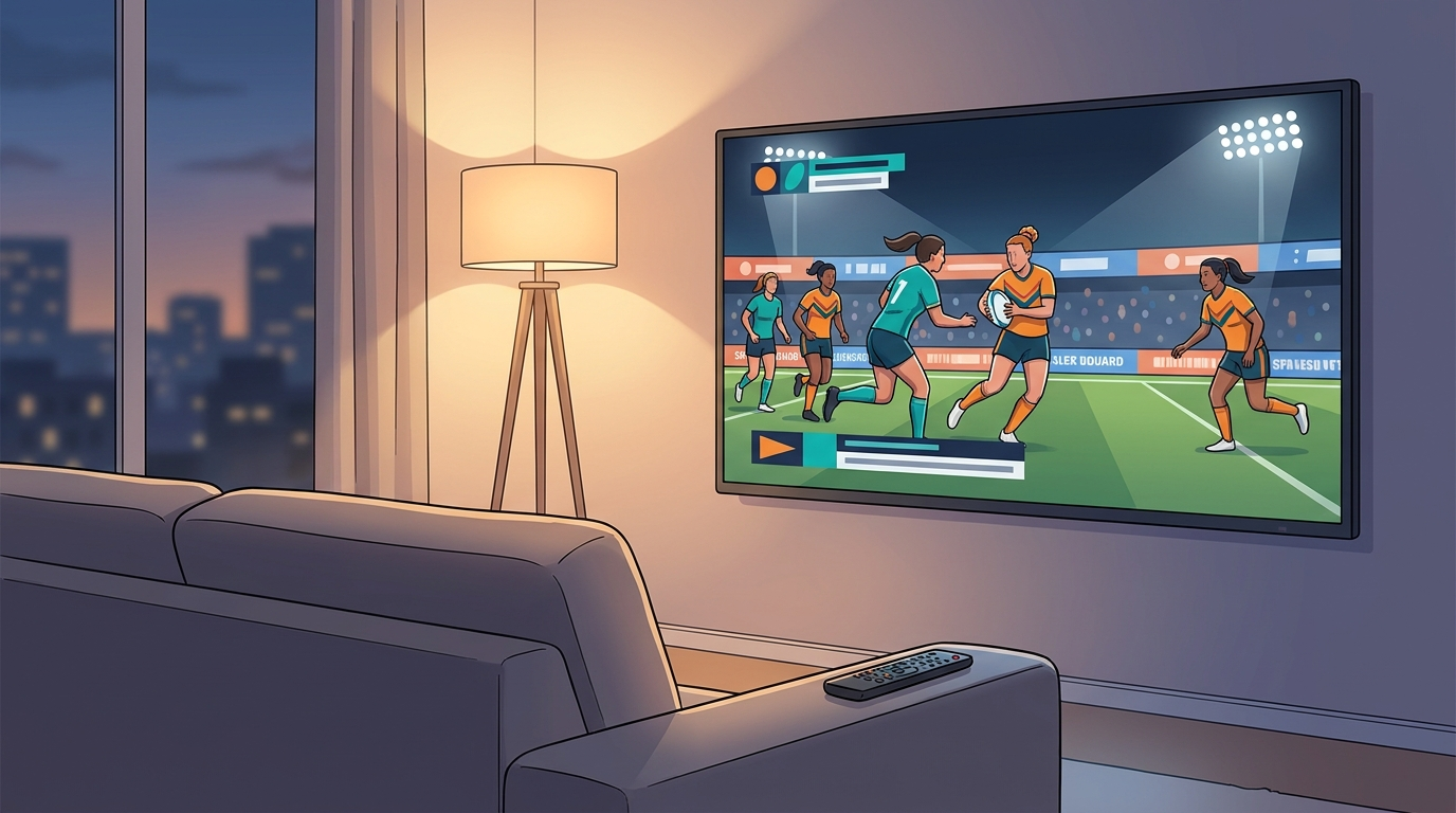 Illustration of a living room TV showing a stylised women's rugby league broadcast with unbranded sponsor billboards