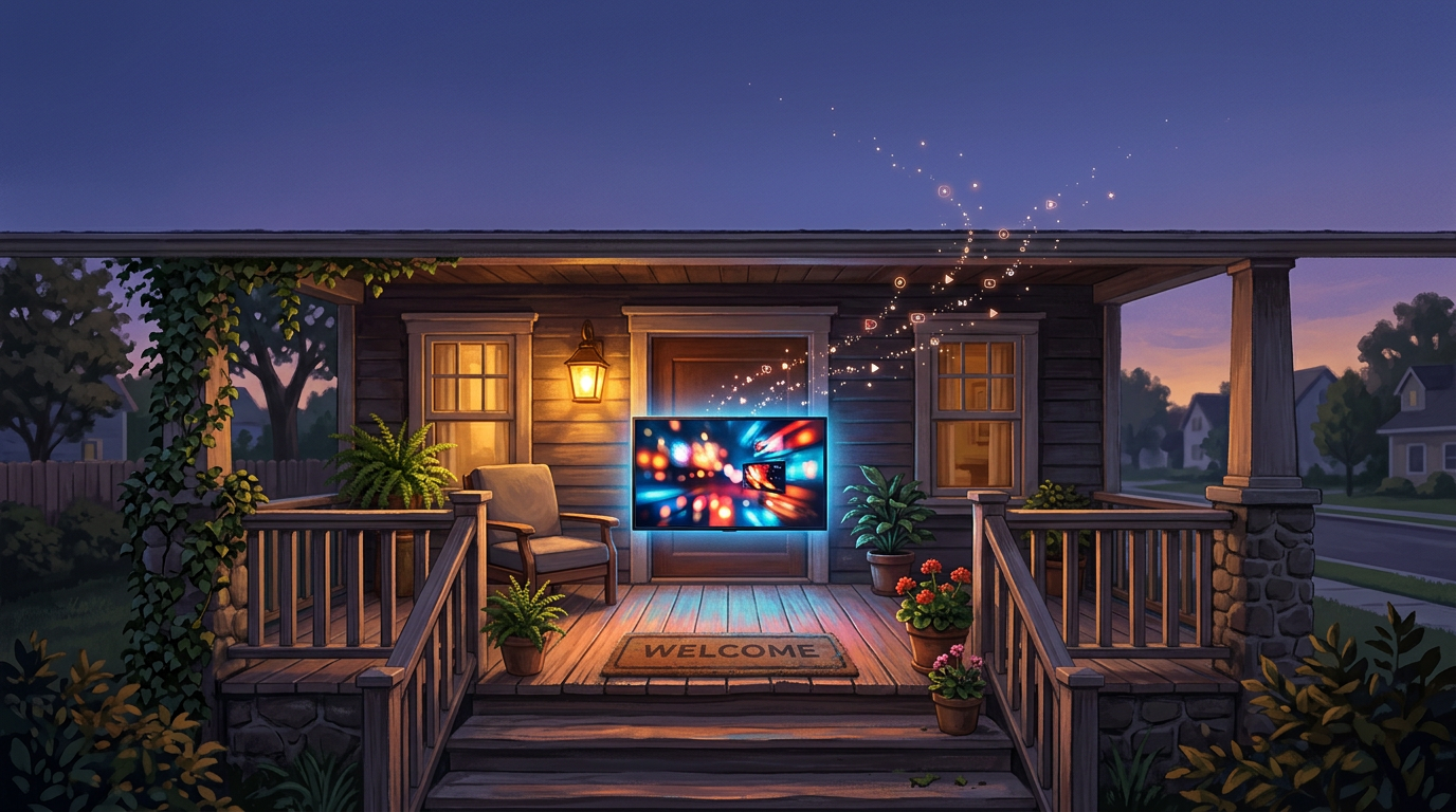 Illustration of a suburban front porch at dusk where the front door is a glowing television screen with a welcome mat