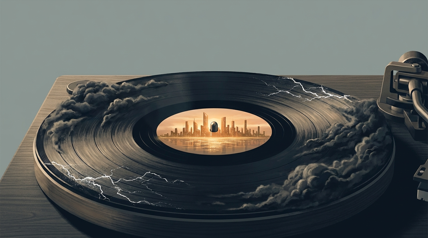 Illustration of a vinyl record whose surface reflects a bright utopian skyline while its grooves dissolve into storm clouds