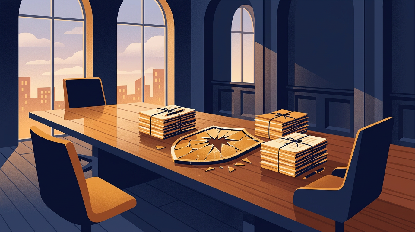 Illustration of a cracked shield lying on an empty negotiation table between stacks of legal documents