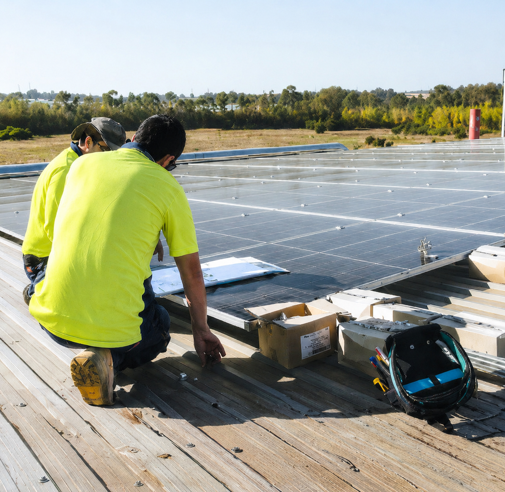 Esmay technicians servicing a rooftop solar array