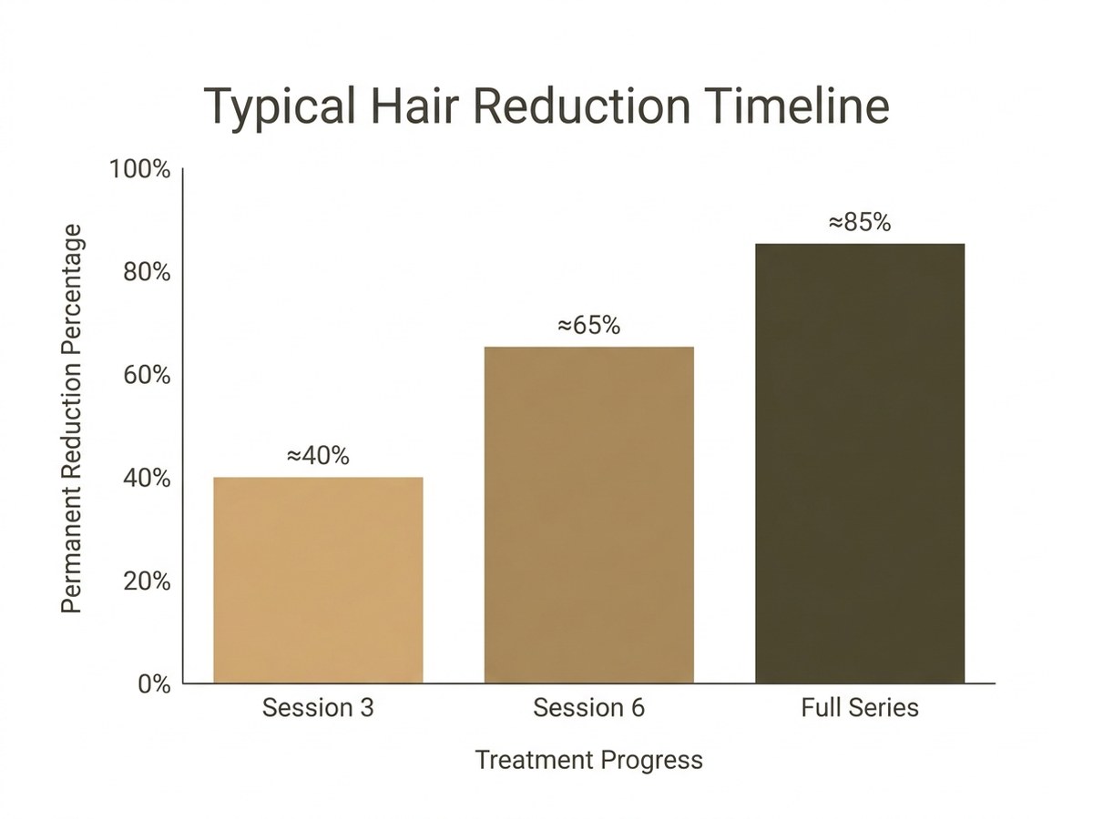 Bar chart showing typical hair reduction percentages after session 3, session 6, and full series completion