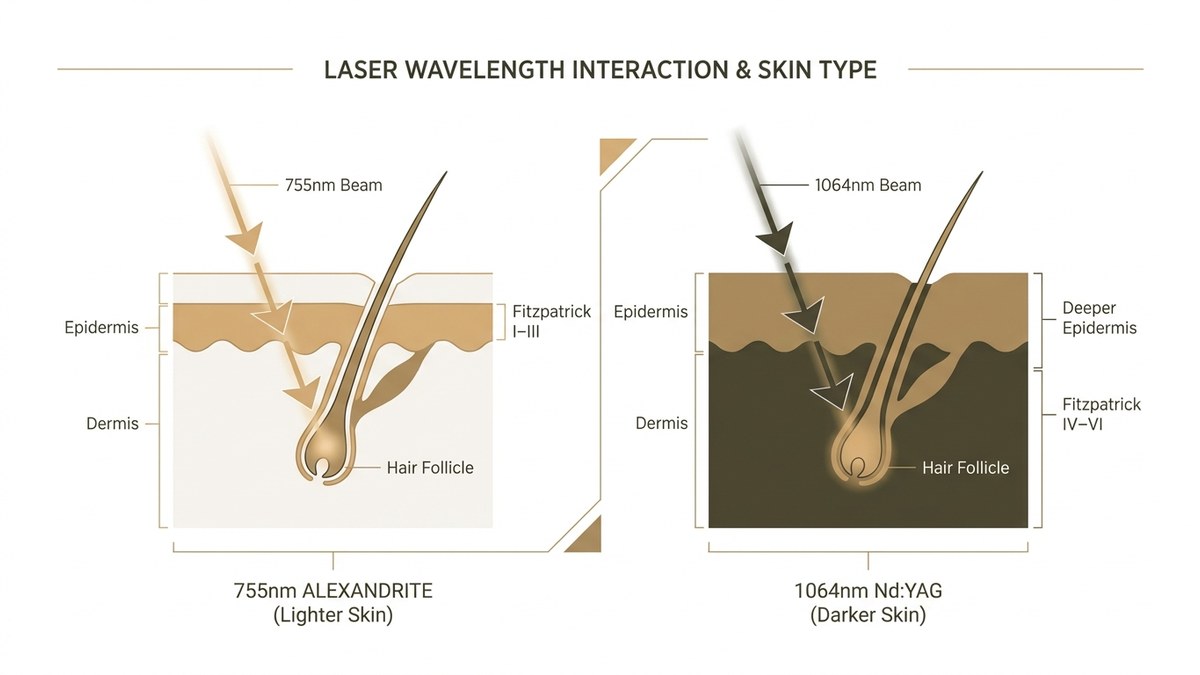 Diagram showing Alexandrite 755nm wavelength penetrating light skin and Nd:YAG 1064nm wavelength penetrating darker skin to target hair follicles