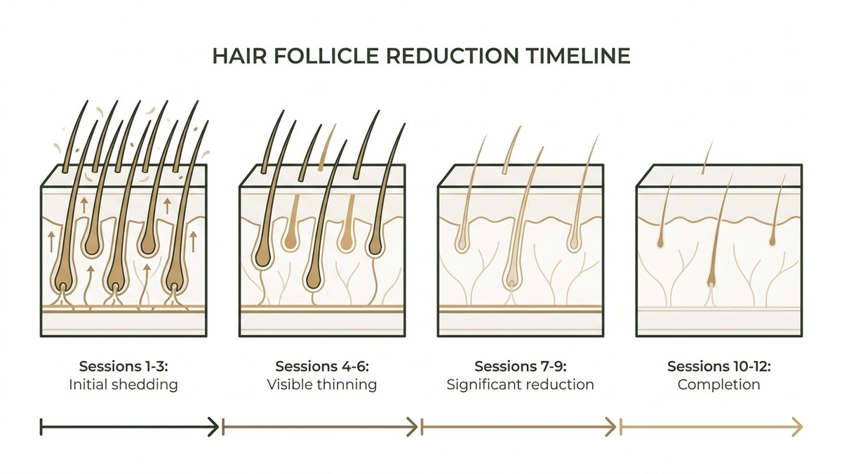 Diagram showing four treatment phases with visual representation of hair density decreasing across sessions 1-3, 4-6, 7-9, and 10-12