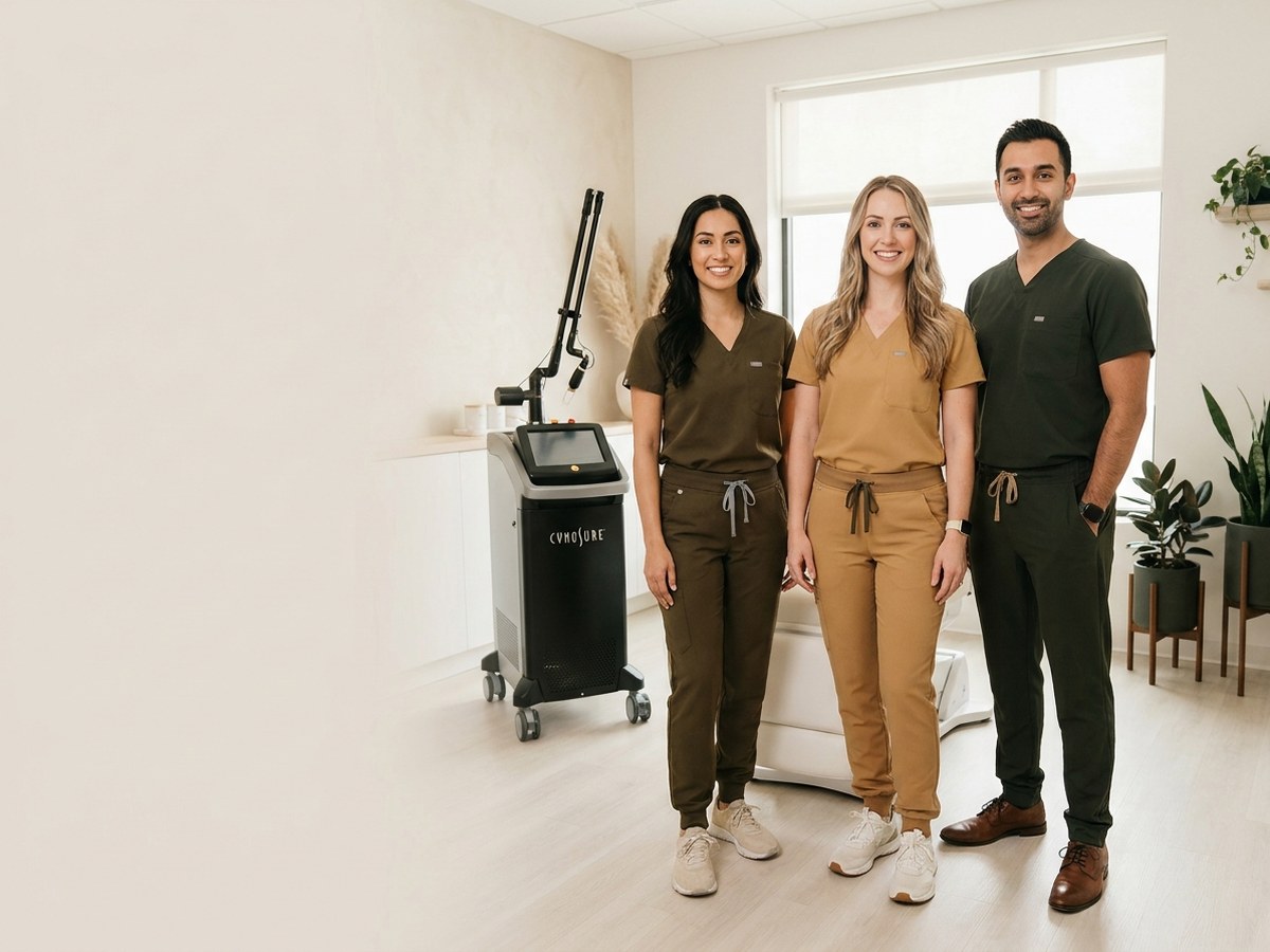 Professional team photo of Sedona Laser staff in clinical setting with Cynosure Elite system visible in background