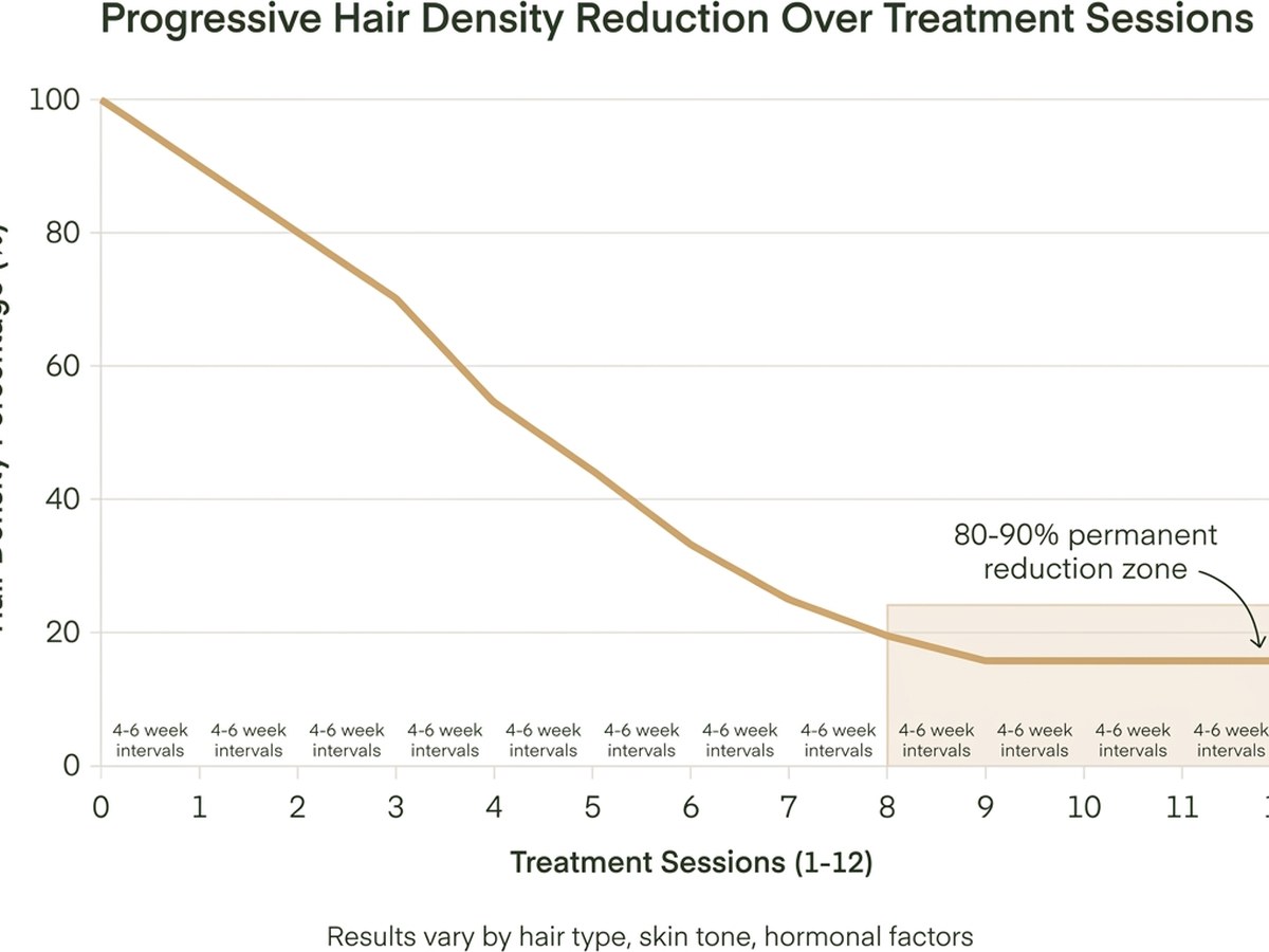 Line graph showing hair density declining over 8-12 treatment sessions from 100% to 10-20% remaining, with session intervals marked at 4-6 week spacing