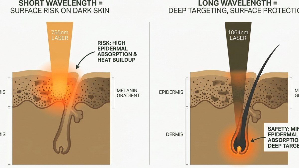 Comparison illustration showing two side-by-side skin cross-sections: left panel shows short-wavelength laser causing surface heating and pigmentation risk, right panel shows long-wavelength laser bypassing surface to safely target follicle