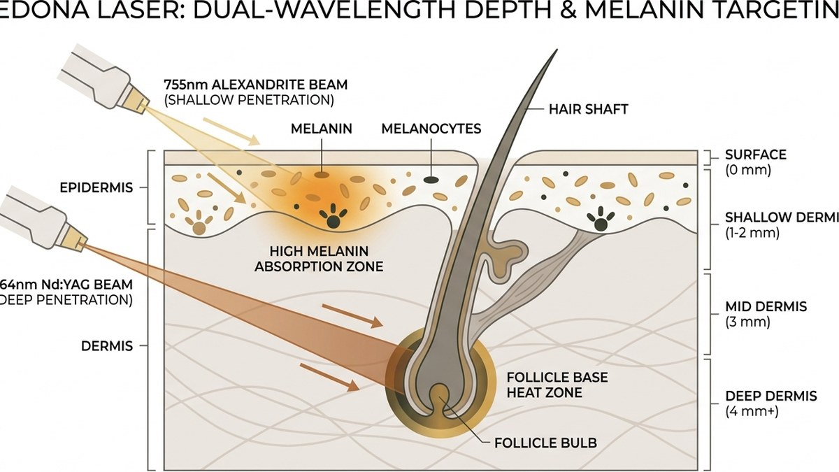 Technical diagram showing two laser wavelengths penetrating different skin depths with labeled anatomy of hair follicle, epidermis, and dermis layers