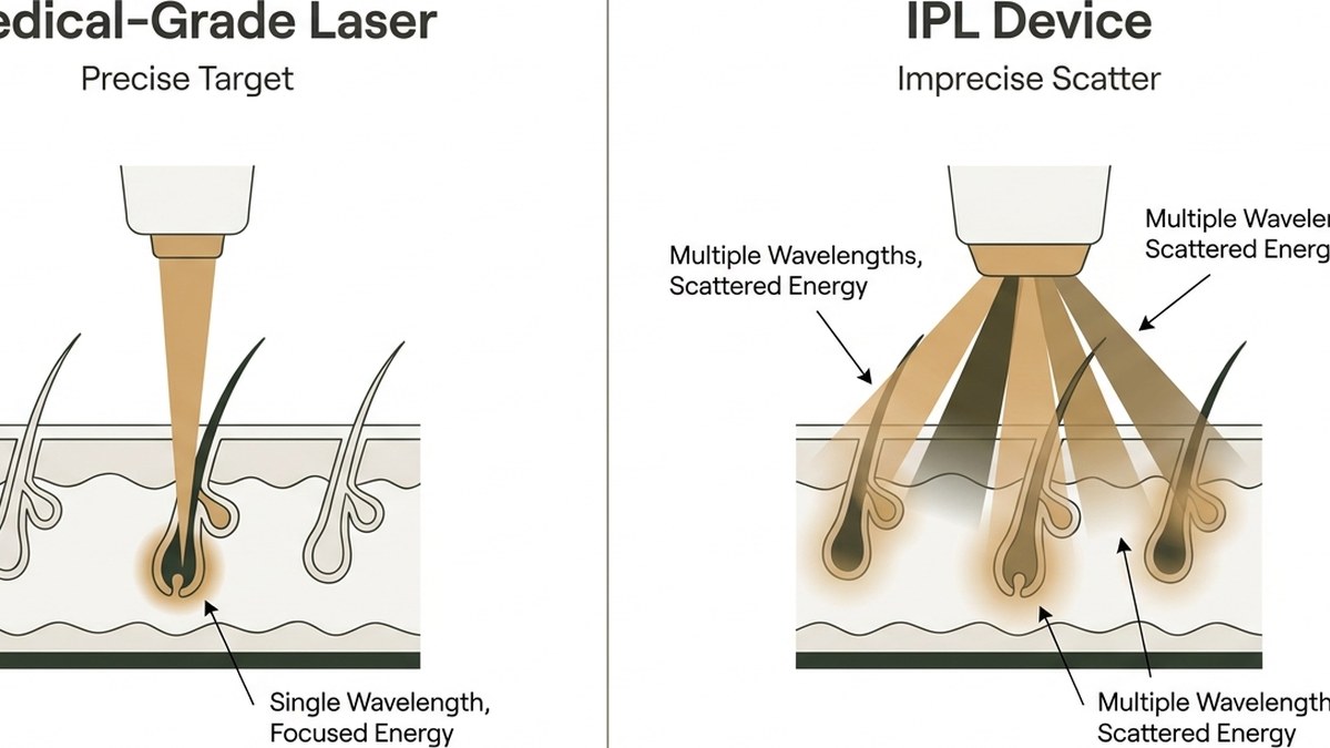 Comparison diagram showing laser beam targeting a single follicle vs. scattered IPL light hitting multiple structures