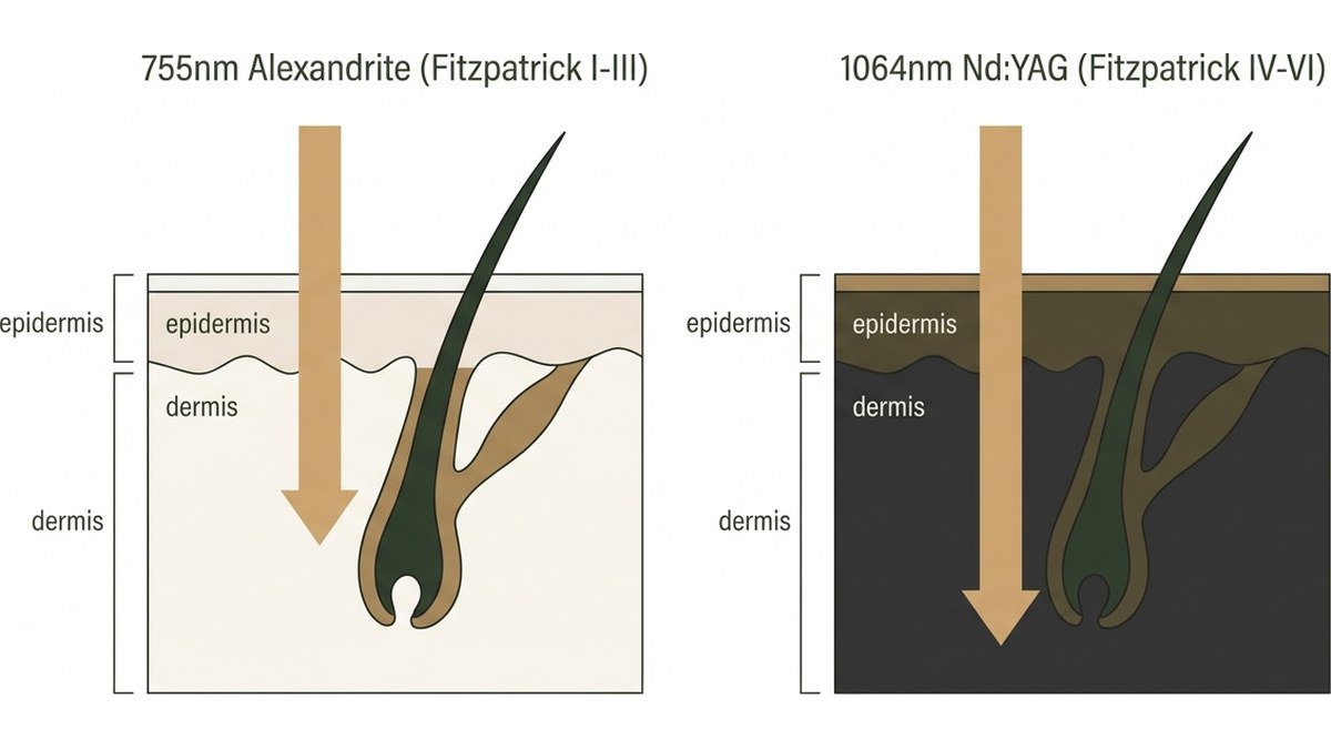 Diagram illustrating dual-wavelength laser platform with 755nm and 1064nm beams targeting different skin tones and follicle depths
