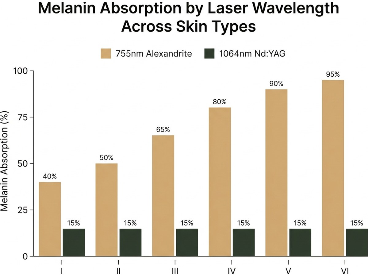 Bar chart comparing melanin absorption rates between 755nm Alexandrite and 1064nm Nd:YAG wavelengths across Fitzpatrick skin types I through VI
