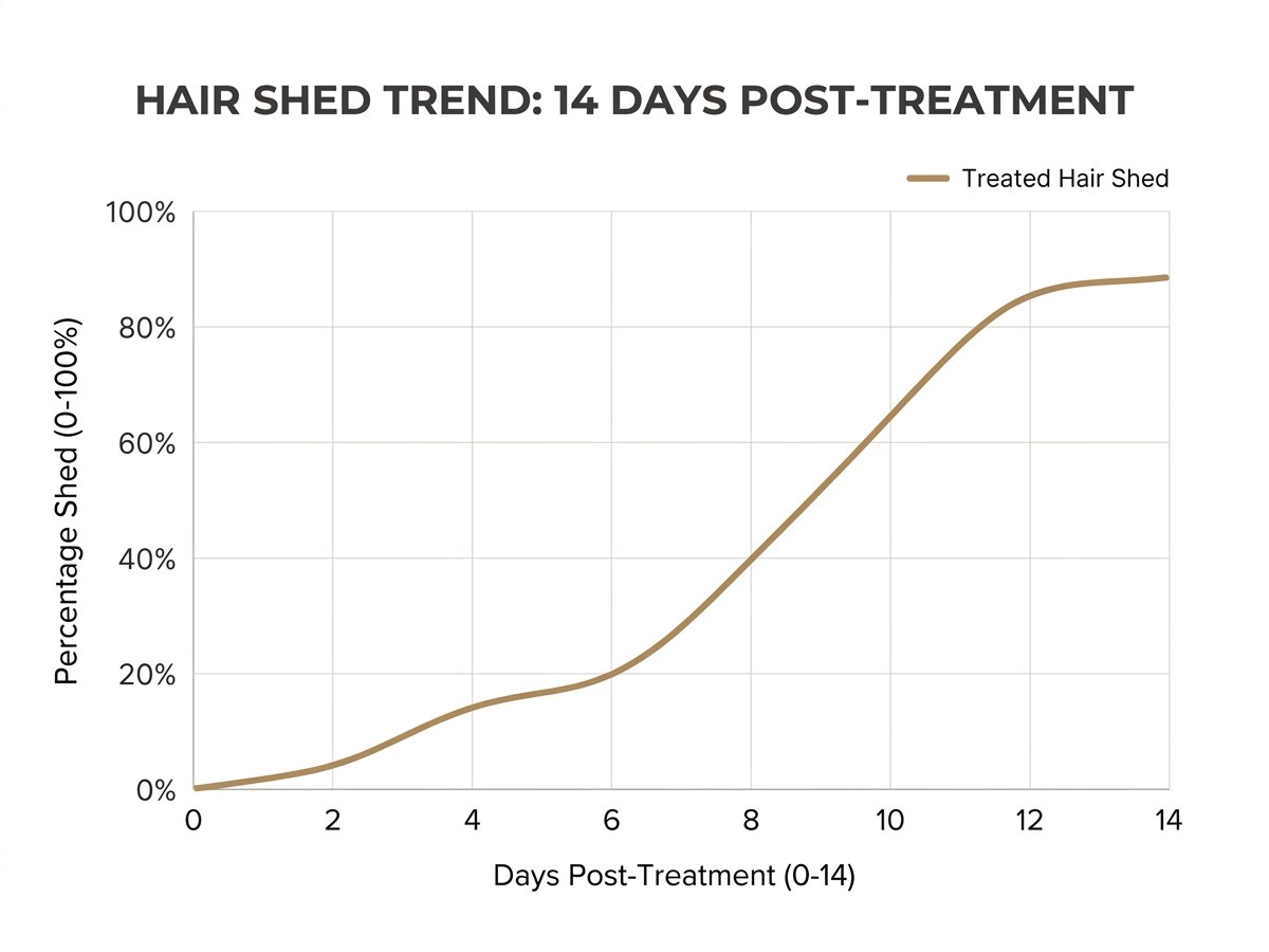Timeline showing hair shedding progression from day 1 to day 14 post-treatment