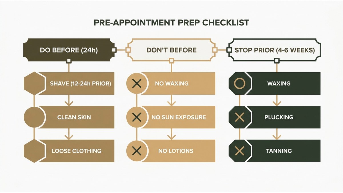 Laser hair removal pre-appointment preparation checklist showing clean skin, proper shaving technique, and restricted products