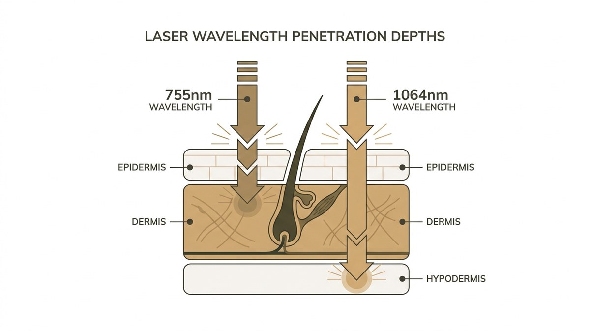 Diagram showing dual-wavelength laser penetration depths through skin layers to hair follicle