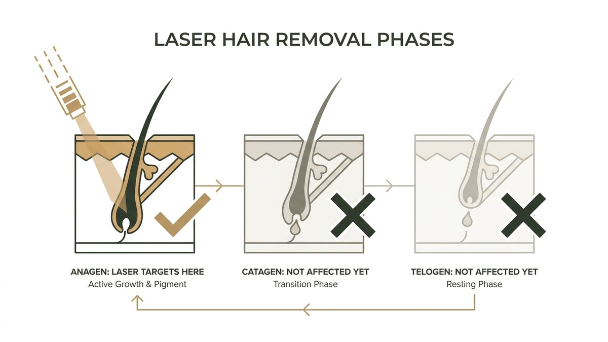 Diagram showing hair growth cycle phases with laser targeting anagen follicles