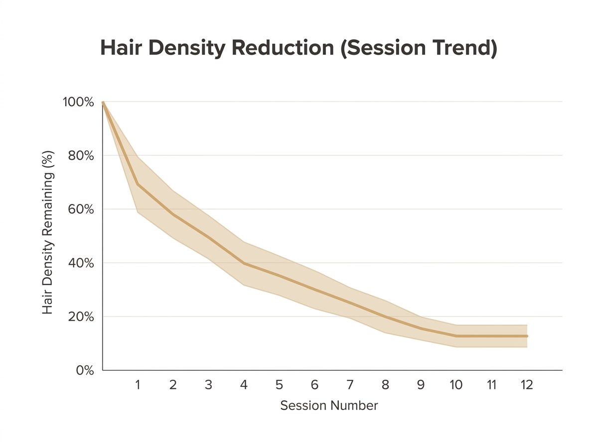 Line graph showing hair density reduction over 12 sessions