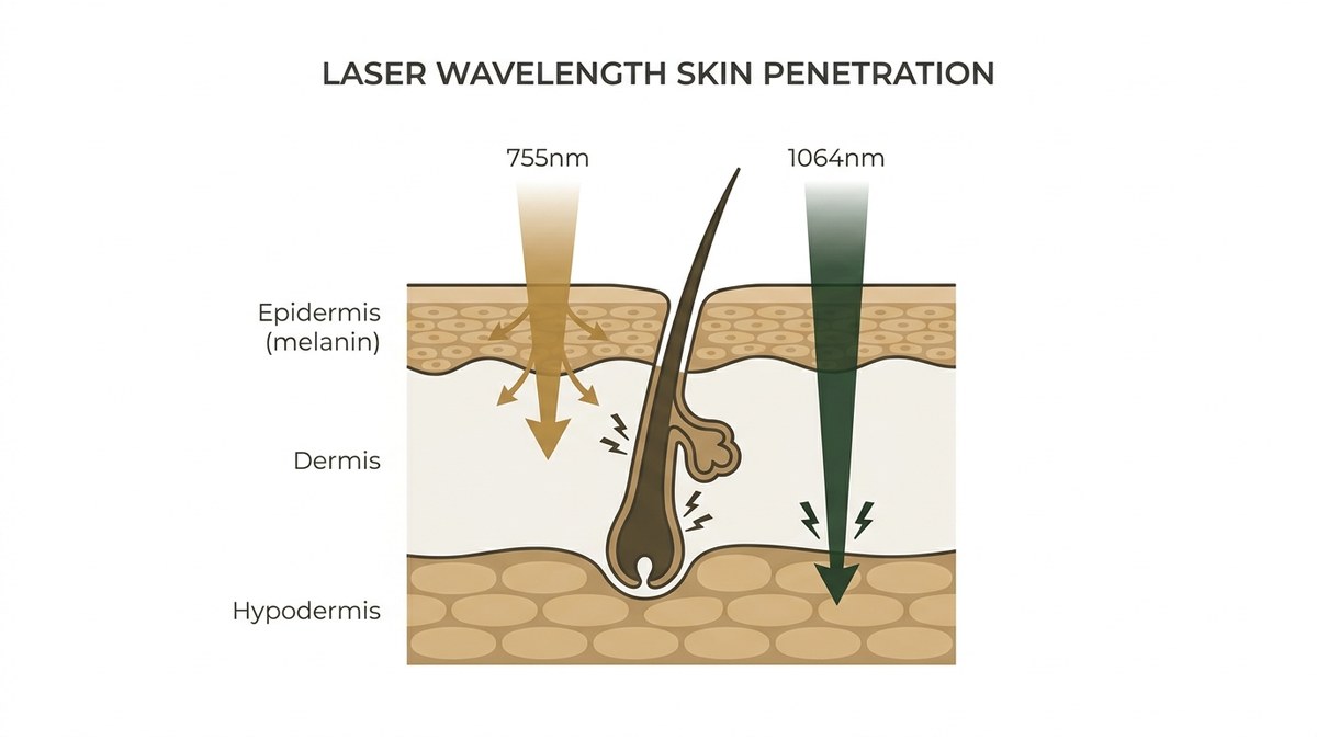 Diagram showing laser wavelength penetration depth across skin layers, comparing 755nm and 1064nm absorption in epidermis vs. follicle